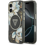 Guess IML Glitter Flowers Triangle MagSafe Hülle für iPhone 17 - Schwarz
