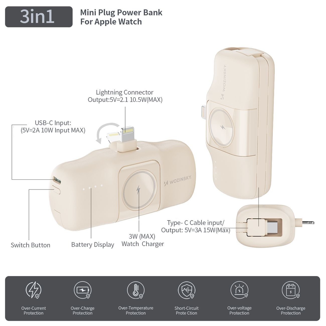 Mini powerbank YLS 5000mAh 15W Lightning z wbudowanym kablem i ładowarką do Apple Watch - beżowy