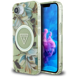 Guess IML Metal Glitter Flowers Triangle MagSafe iPhone 16e Hülle - Grün