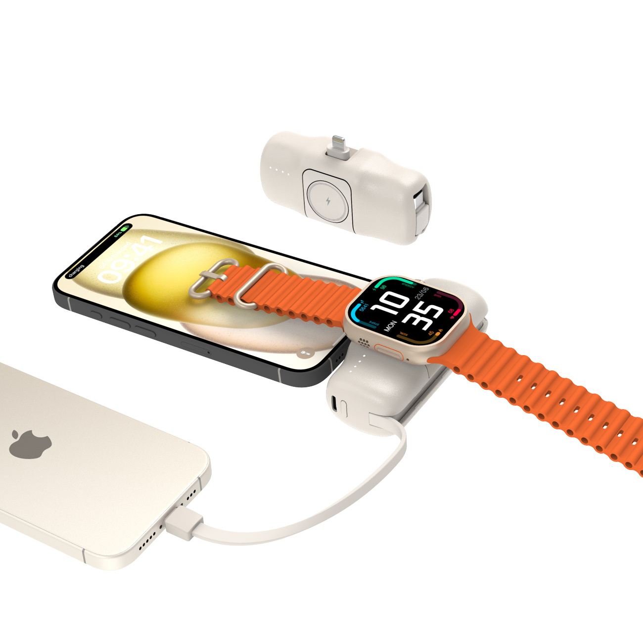 Mini powerbank YLS 5000mAh 15W Lightning z wbudowanym kablem i ładowarką do Apple Watch - beżowy