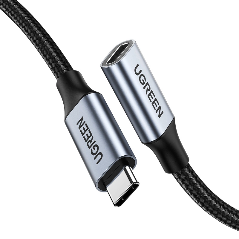 Ugreen US372 30205-Kabel mit USB-C-/USB-C-Anschlüssen, Power Delivery, Schnellladeprotokollen mit einer Leistung von bis zu 100 W, einer Geschwindigkeit von 10 Gbit/s und einer Länge von 1 m auf weißem Hintergrund