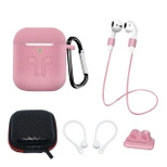 Set aus AirPods 2 / AirPods 1 Silikonhülle + Hülle / Ohrbügel / Umhängeband / Uhrenarmbandhalter / Karabiner - Rosa