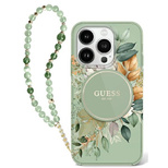 Guess IML Flowers With Pearl Strap MagSafe Hülle für iPhone 16 – Grün