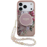 Guess IML Flowers Pearl Strap MagSafe Case für iPhone 17 Pro - Rosa