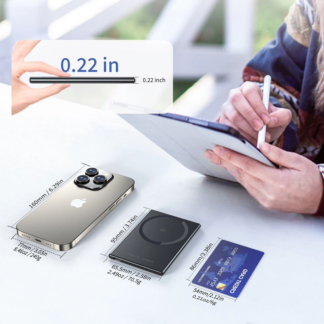 Choetech SuperThin B708 ​​Powerbank Compared to Credit Card and Phone