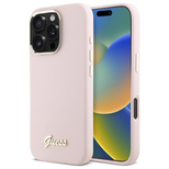 Guess Silicone Script Metal Logo &amp; Frame iPhone 16 Pro Case - Pink