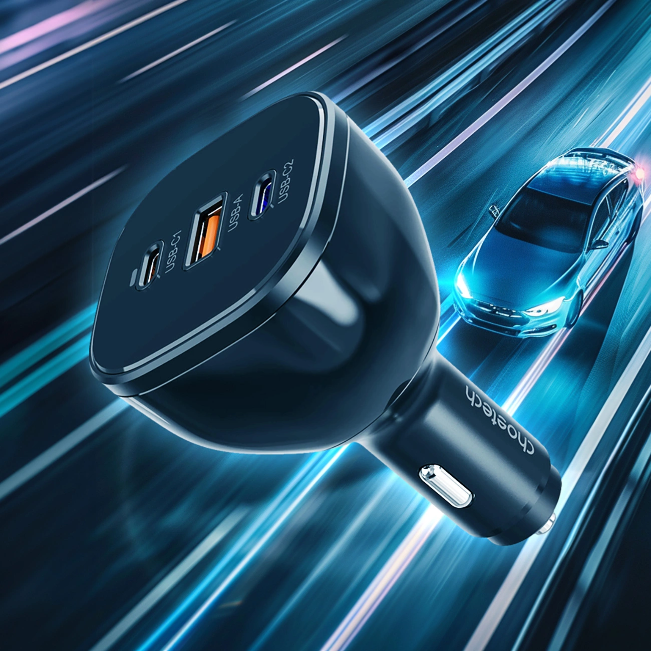 Choetech TC0024 car charger against the background of a fast car driving on the highway