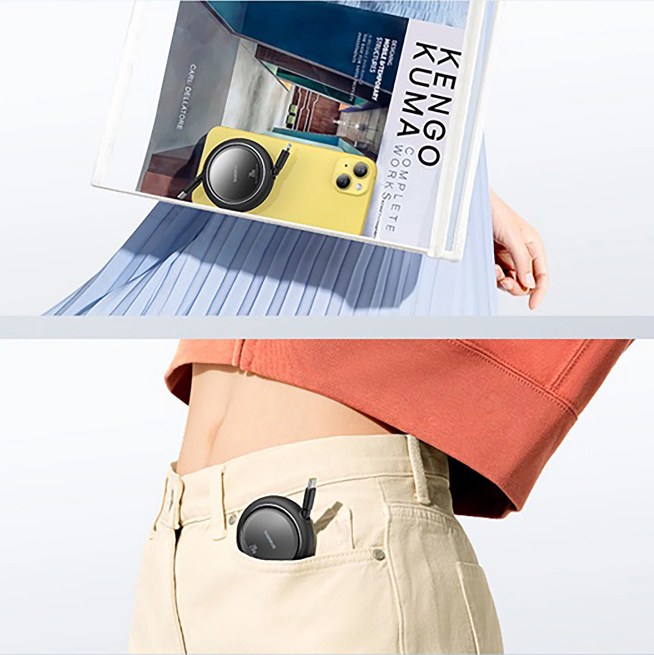 The woman puts the rolled-up Baseus Free2Pull cable into her pocket