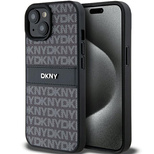 DKNY Leder-Monostreifen- und Metall-Logo-Hülle für iPhone 15 Plus / 14 Plus – Schwarz