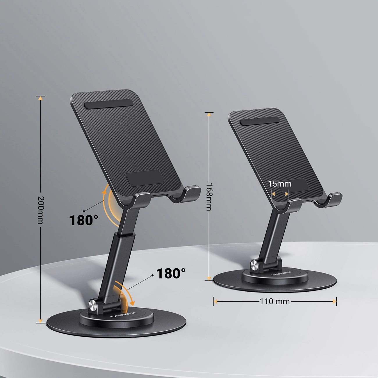 Two Ugreen LP805 stands placed on a desk next to each other with the dimensions marked, one of them set to the maximum height and the other to the minimum height.