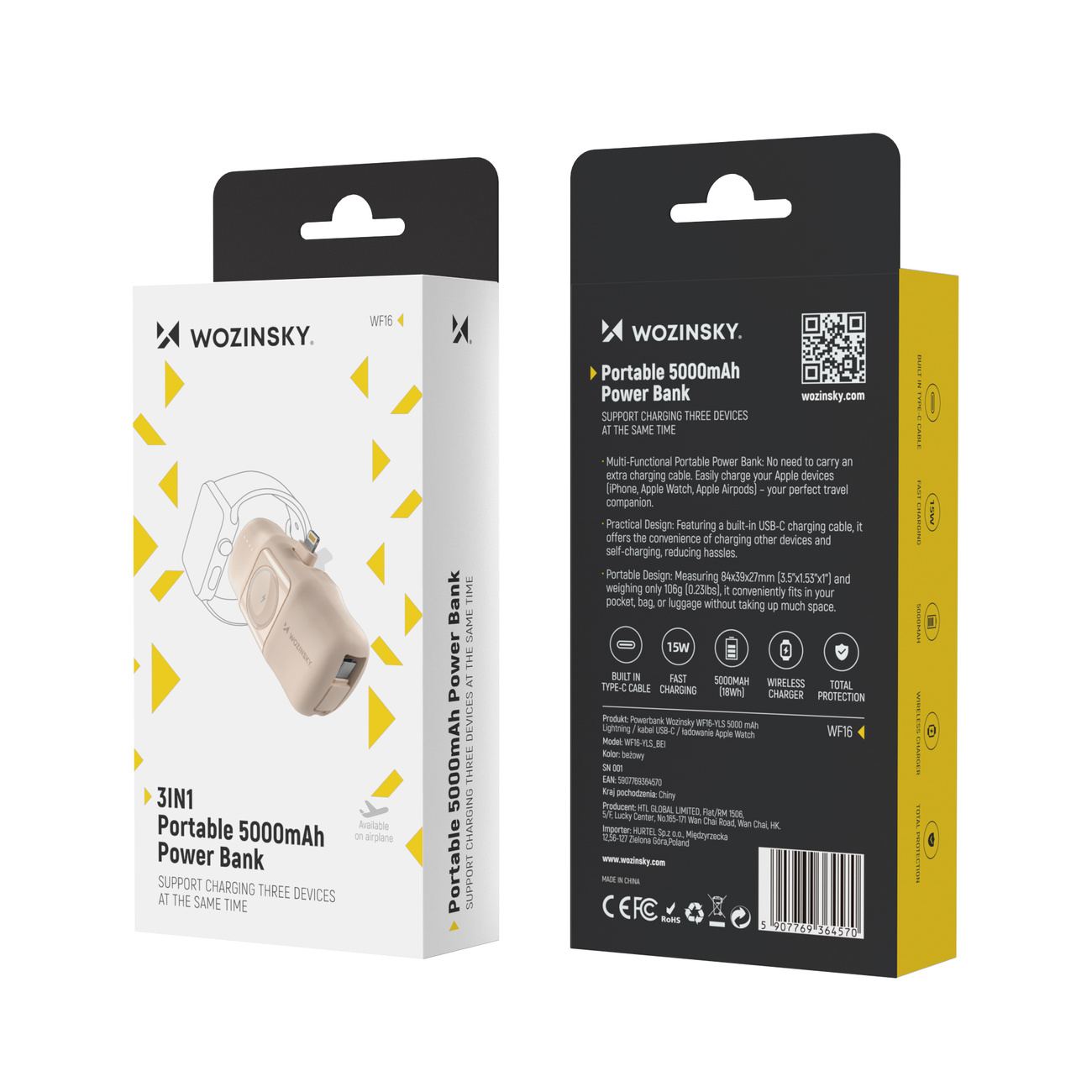 Mini powerbank YLS 5000mAh 15W Lightning z wbudowanym kablem i ładowarką do Apple Watch - beżowy
