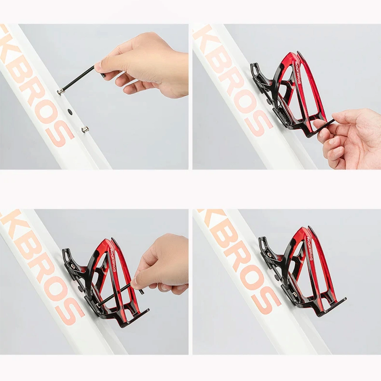 Presentation of the assembly of the Rockbros FK338 bicycle bottle holder in four steps