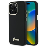 Guess Silikonhülle mit Metalllogo und Rahmen für iPhone 16 Pro Max – Schwarz
