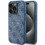 Guess 4G Collection MagSafe-Hülle aus Leder und Metalllogo für iPhone 14 Pro – Blau