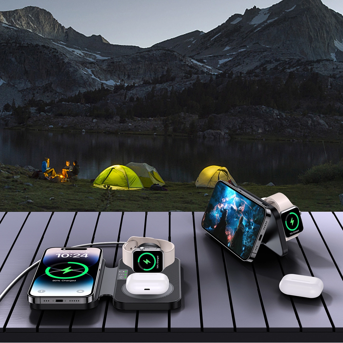 The Choetech T616-F inductive charger charges devices at the campsite