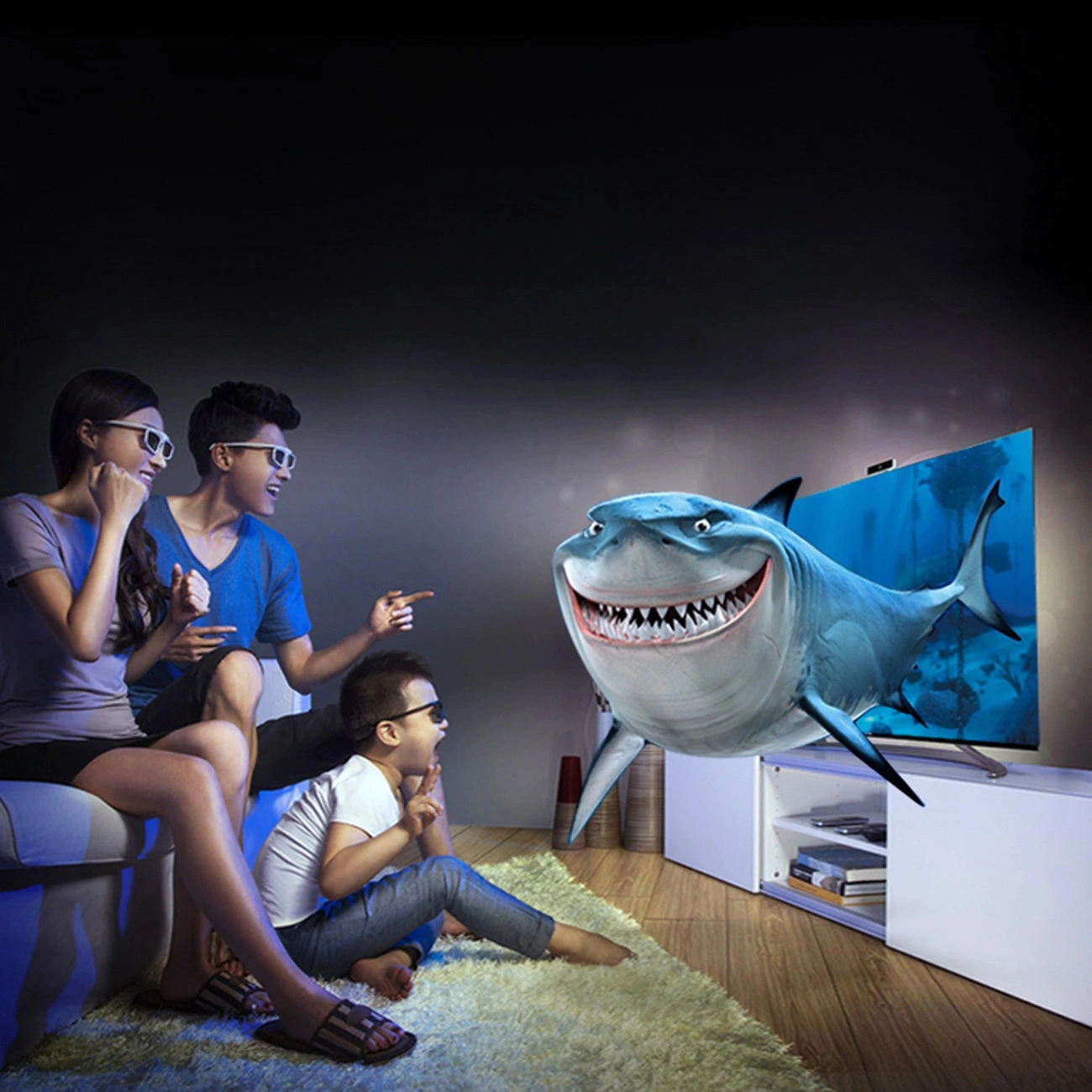 A family watching a cartoon on a TV connected using the Ugreen HD107 cable