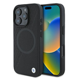 BMW Signature Leather Half Textured &amp; Circle MagSafe Hülle für iPhone 16 Pro – Schwarz