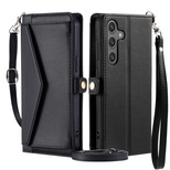 Samsung Galaxy A56 5G Leder-Wallet-Case mit Standfunktion und Tragegurten – Schwarz