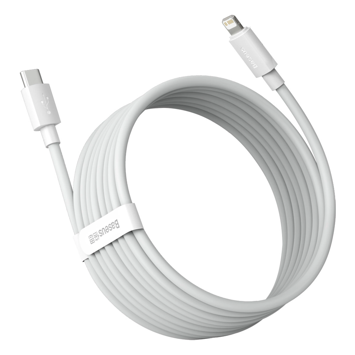 Baseus Simple Wisdom-Kabel mit Lightning-/USB-C-Anschlüssen mit einer Leistung von bis zu 20 W auf weißem Hintergrund