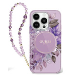 Guess IML Flowers With Pearl Strap MagSafe-Hülle für iPhone 16 – Lila