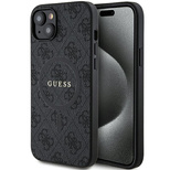 Guess 4G Collection MagSafe-Hülle aus Leder und Metalllogo für iPhone 14/15/13 – Schwarz