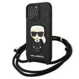 Karl Lagerfeld Iconik Case aus Leder mit Monogramm-Patch und Kordel für iPhone 13 Pro / 13 - Schwarz