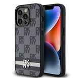 DKNY iPhone 14 Pro-Hülle aus Leder mit kariertem Monomuster und bedruckten Streifen – Schwarz