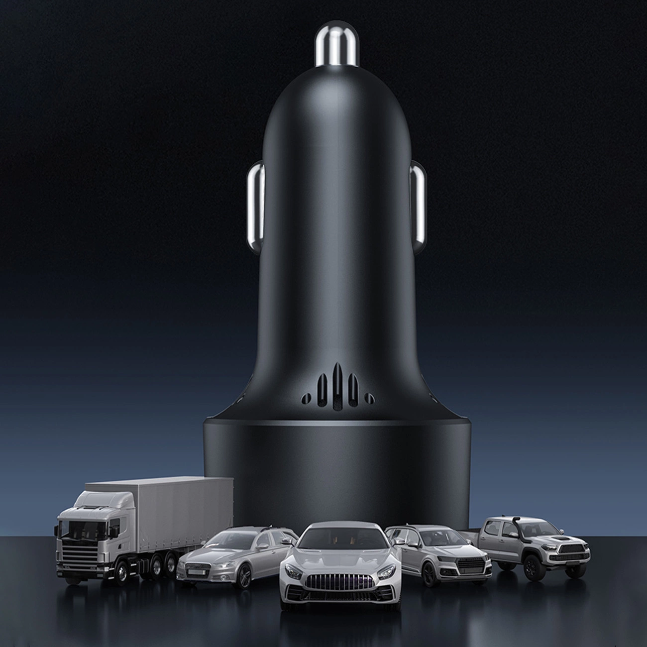 Models of various cars against the background of the Baseus High Efficiency Pro adapter