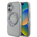 Guess IML Flowers Wreath MagSafe Hülle für iPhone 16 – Schwarz