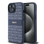 DKNY Lederhülle mit Monostreifen und Metalllogo für iPhone 15 / 14 / 13 – Blau