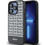 DKNY MagSafe Lederhülle mit bedrucktem Muster und Metalllogo für iPhone 15 Pro – Schwarz