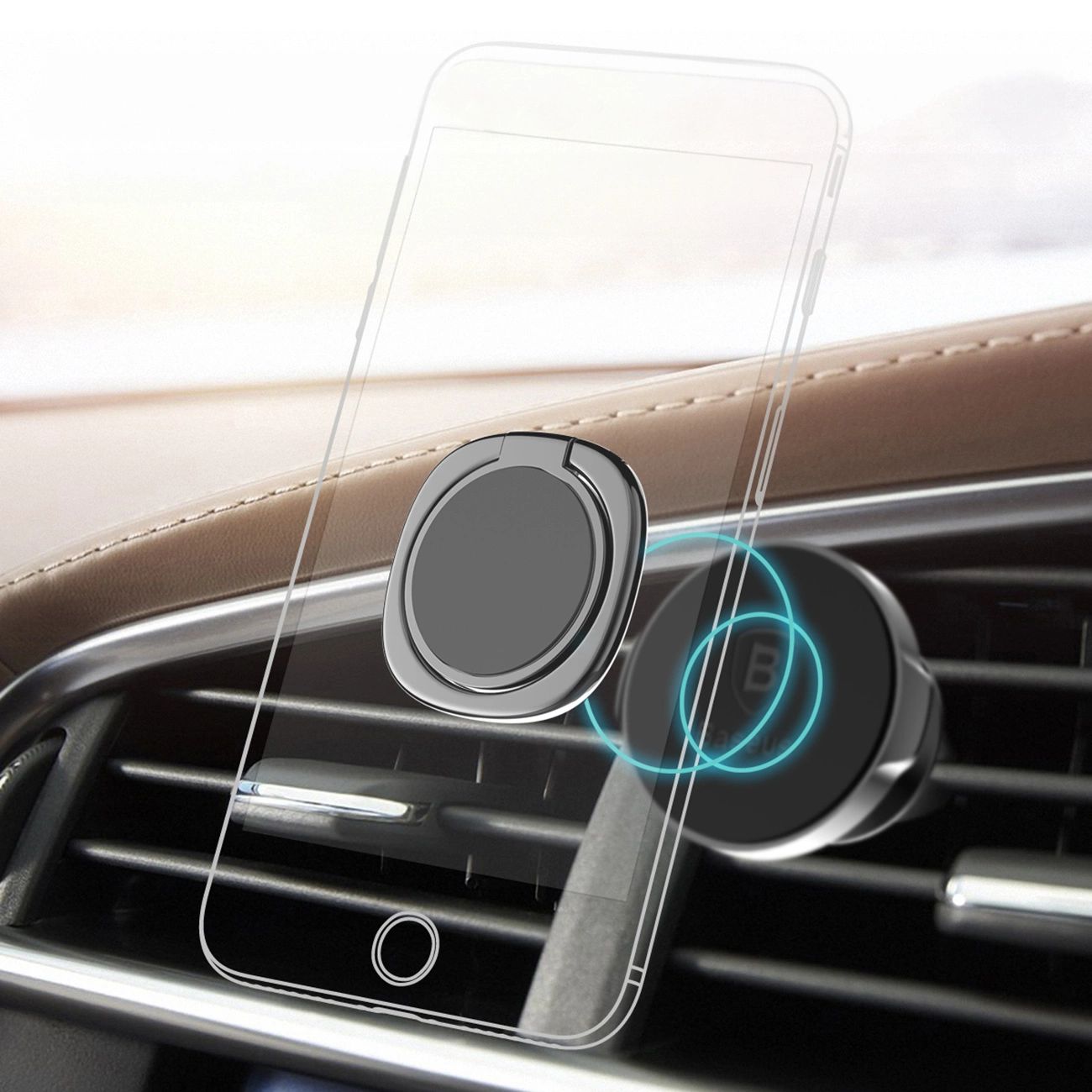 Visualization of attaching the silver Baseus Privity Ring holder to the phone holder in the car's ventilation grill