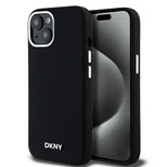 DKNY Flüssigsilikon-MagSafe-Hülle mit kleinem Metalllogo für iPhone 15 Plus / 14 Plus – Schwarz