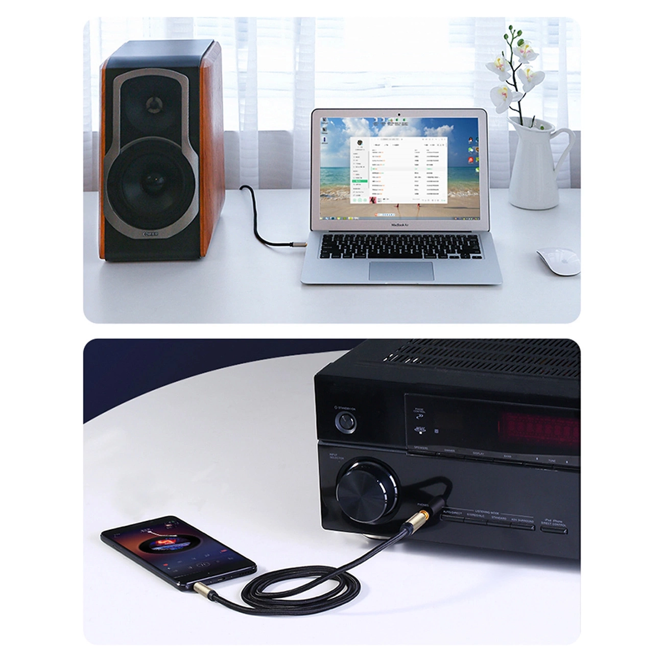 Two shots of different devices connected to each other with the Ugreen AV127 TRS audio cable