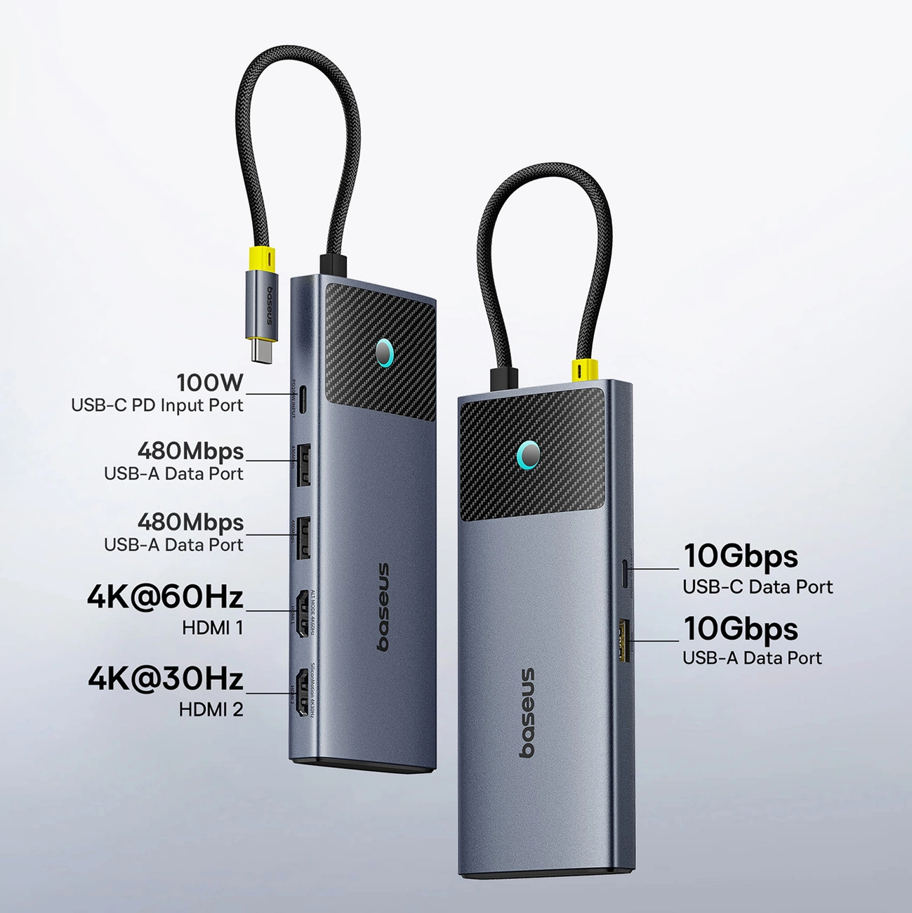 HUB Baseus Metal Gleam Series II with described inputs