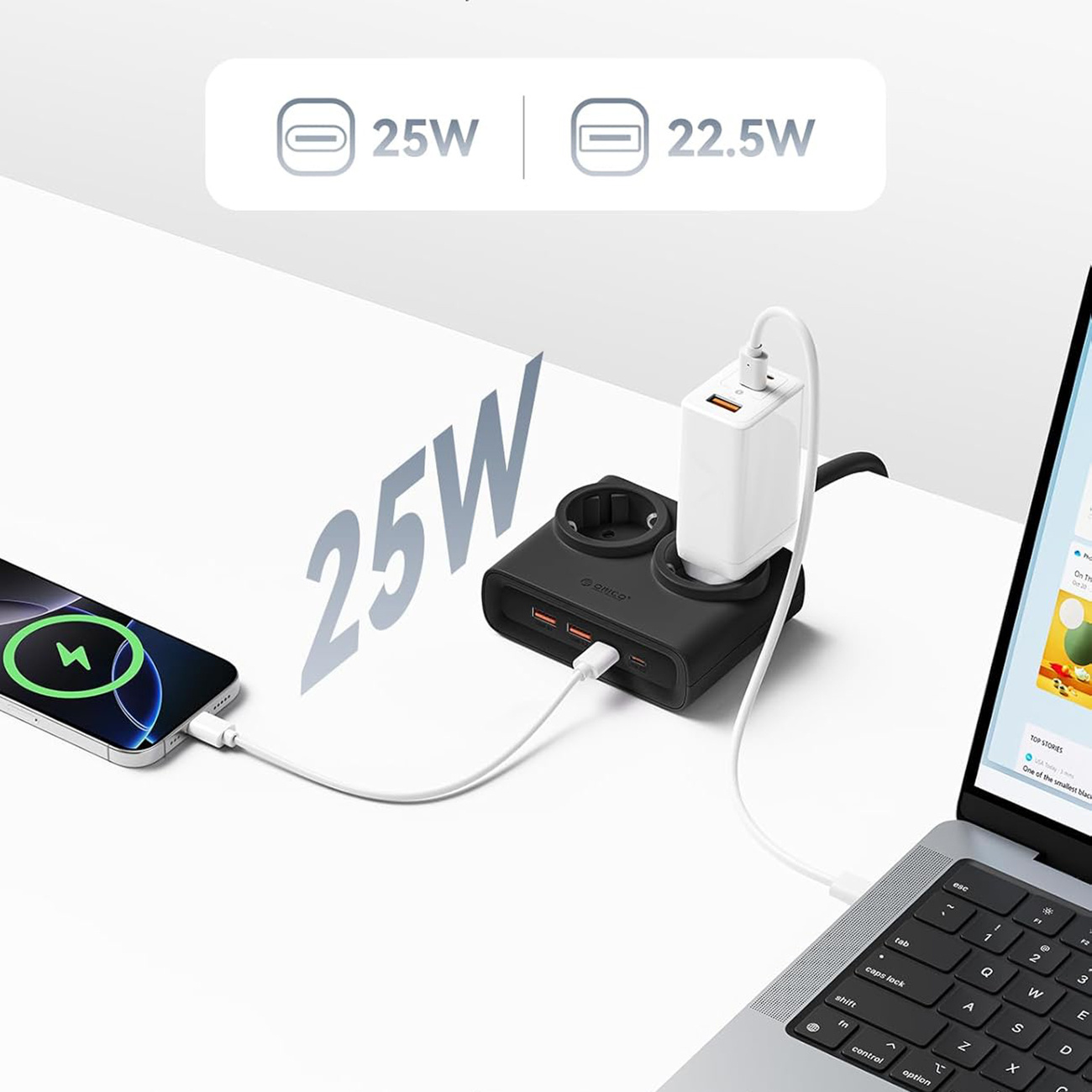 Ładowanie USB-C 25W i USB-A 22,5W za pomocą listwy zasilającej Orico PDC25