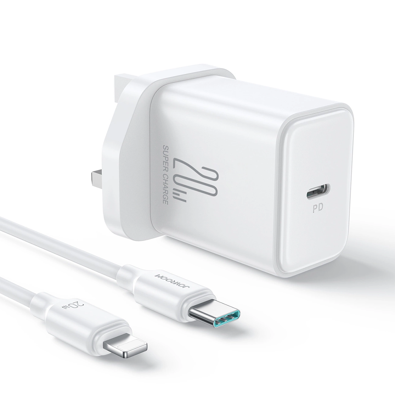 Стенно зарядно устройство Joyroom JR-TCF06 с конектор USB-C PD 20W с щепсел от Обединеното кралство на бял фон