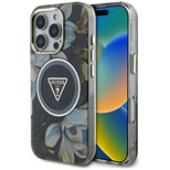 Guess Glitter Flowers Triangle Buttons MagSafe Case für iPhone 16 Pro Max schwarz