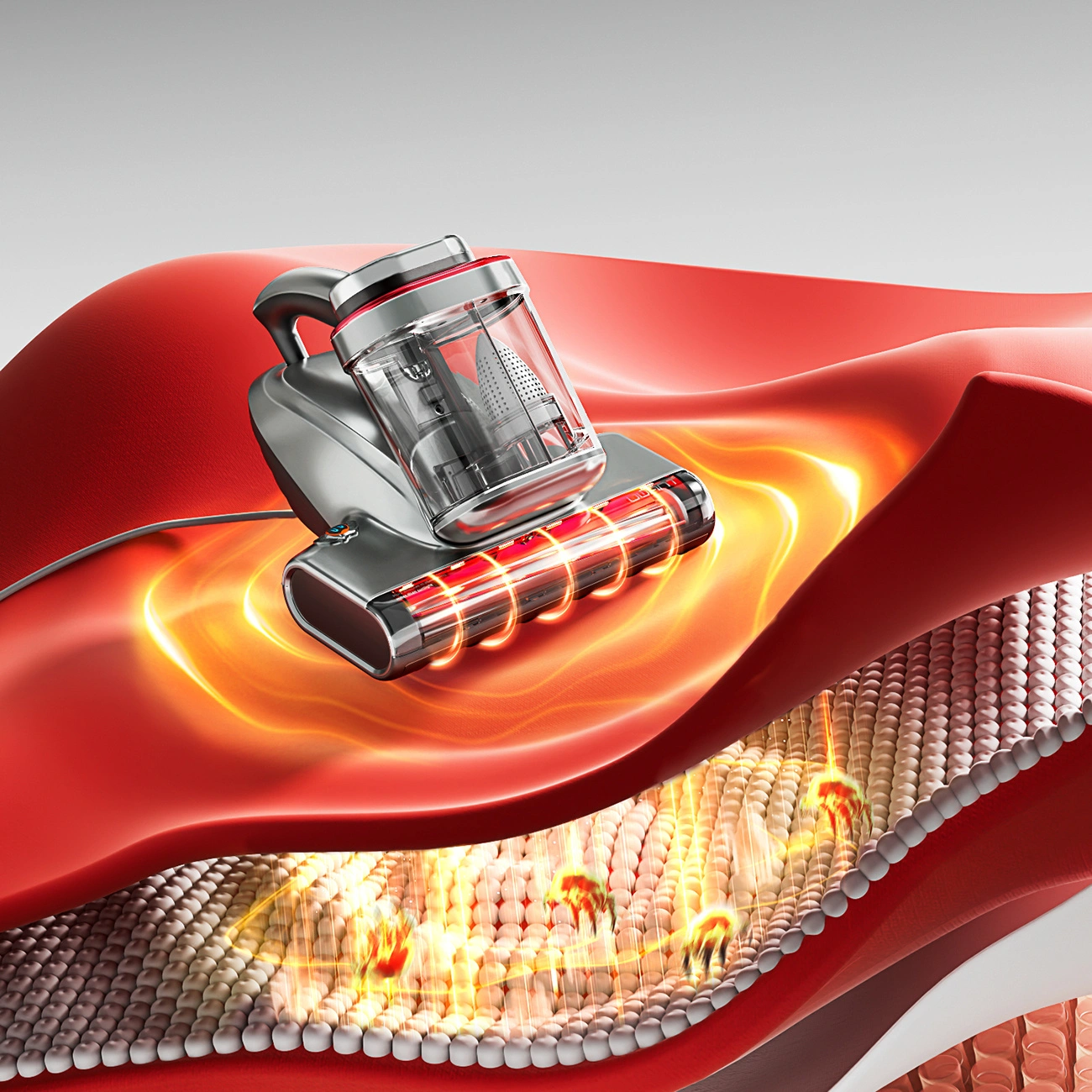 Illustration of the effect of ultrasound on dust mites in a mattress