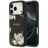 Guess Grained Flowers Classic Logo MagSafe Hülle für iPhone 17 Pro - Schwarz