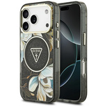 Guess IML Glitter Flowers Dreieckige MagSafe Hülle für iPhone 17 Pro Max - Schwarz