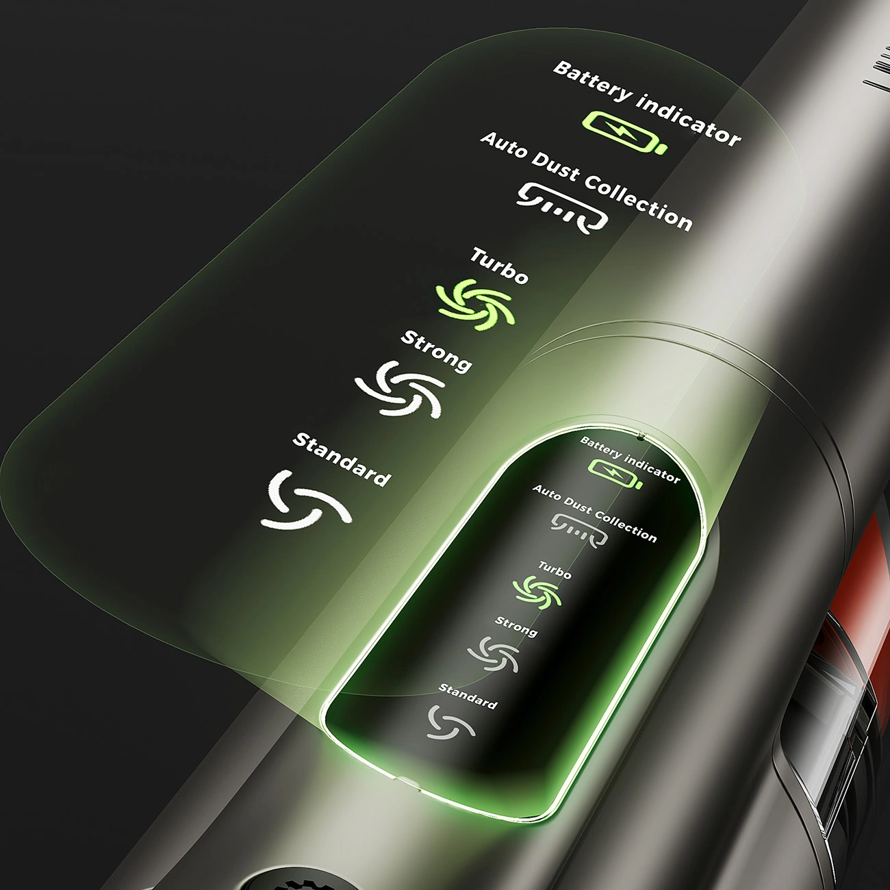 Close-up of the working display of the UWANT V500 vacuum cleaner.