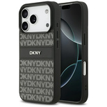 DKNY iPhone 17 Pro Hülle mit sich wiederholendem Texturmuster und Ton-in-Ton-Streifen – Schwarz
