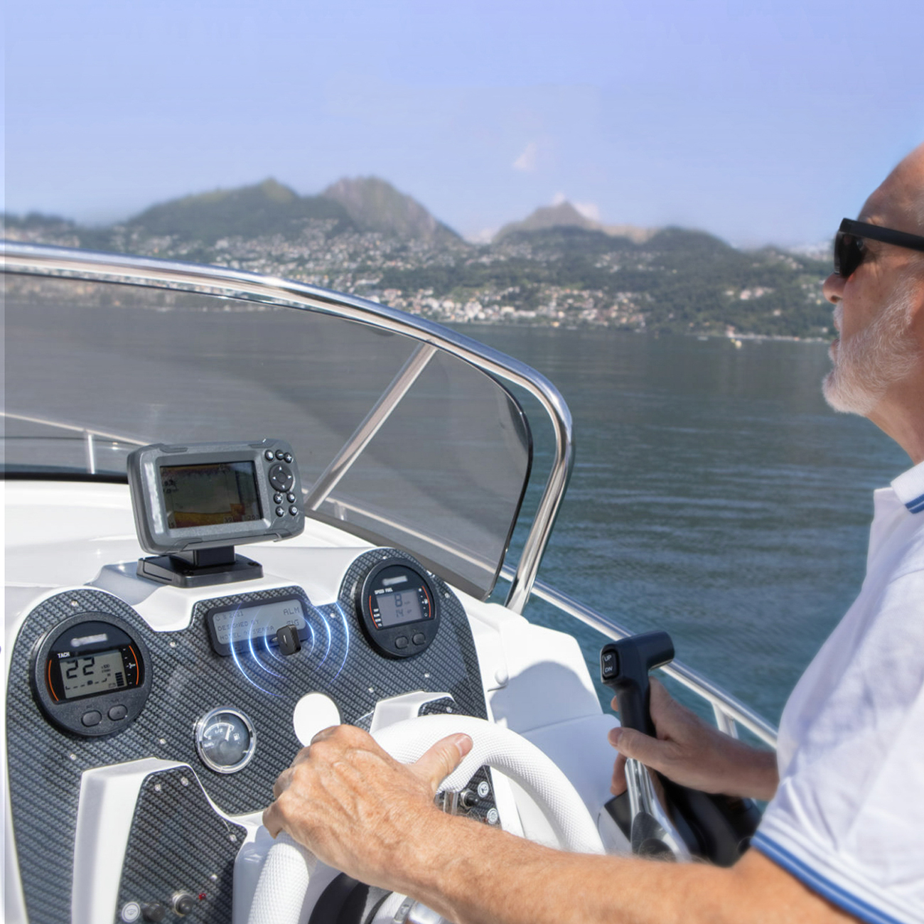 A man on a yacht using the Ugreen CM667 35223 receiver/transmitter