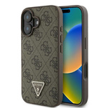 Guess Leder 4G Triangle Strass MagSafe Hülle für iPhone 16 Plus – Braun