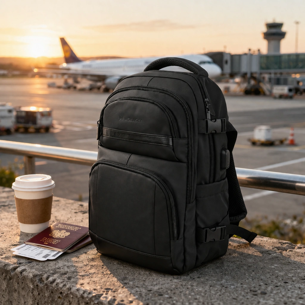 A Wozinsky backpack in the glow of the setting sun, with an airport runway and a plane visible in the background. Next to the backpack is a cup of takeaway coffee, passports, and plane tickets.