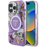 Guess Glitter Flowers Triangle Buttons MagSafe Case für iPhone 16 Pro Lila