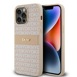 DKNY Leder-Monostreifen- und Metall-Logo-Hülle für iPhone 14 Pro – Rosa