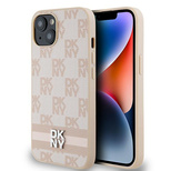 DKNY Lederhülle mit kariertem Monomuster und bedruckten Streifen für iPhone 15 / 14 / 13 – Rosa