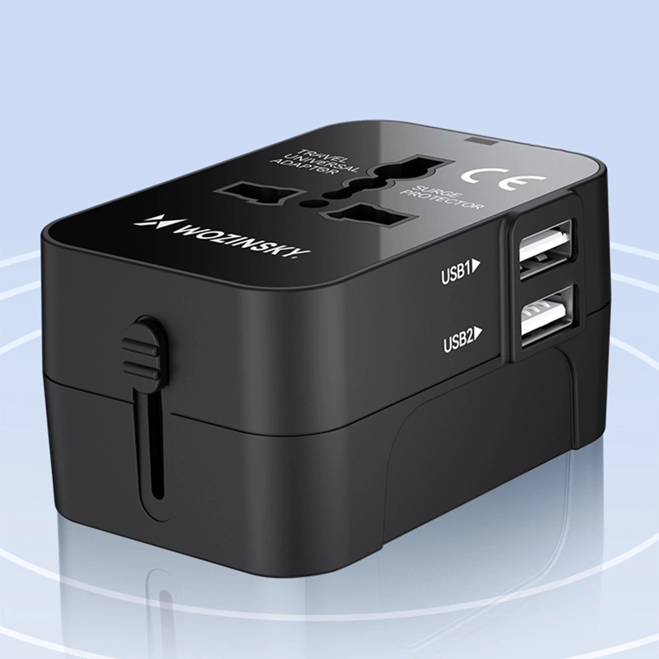 Adapter podróżny Wozinsky WUTWC uniwersalny o mocy do 24W UE / US / AUS / UK / 2x USB-A na jasnoniebieskim tle